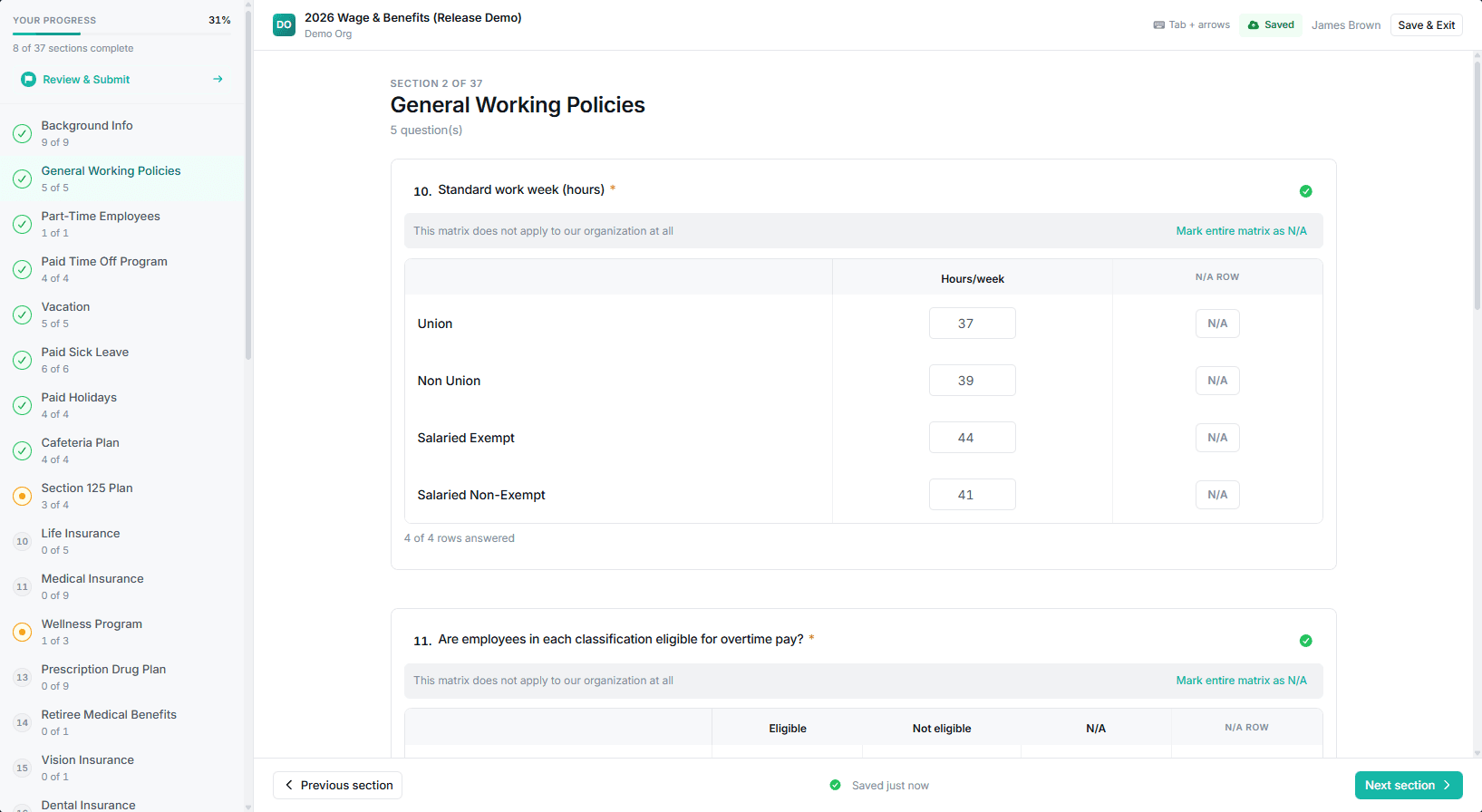Template editor with matrix-question editing and branching logic