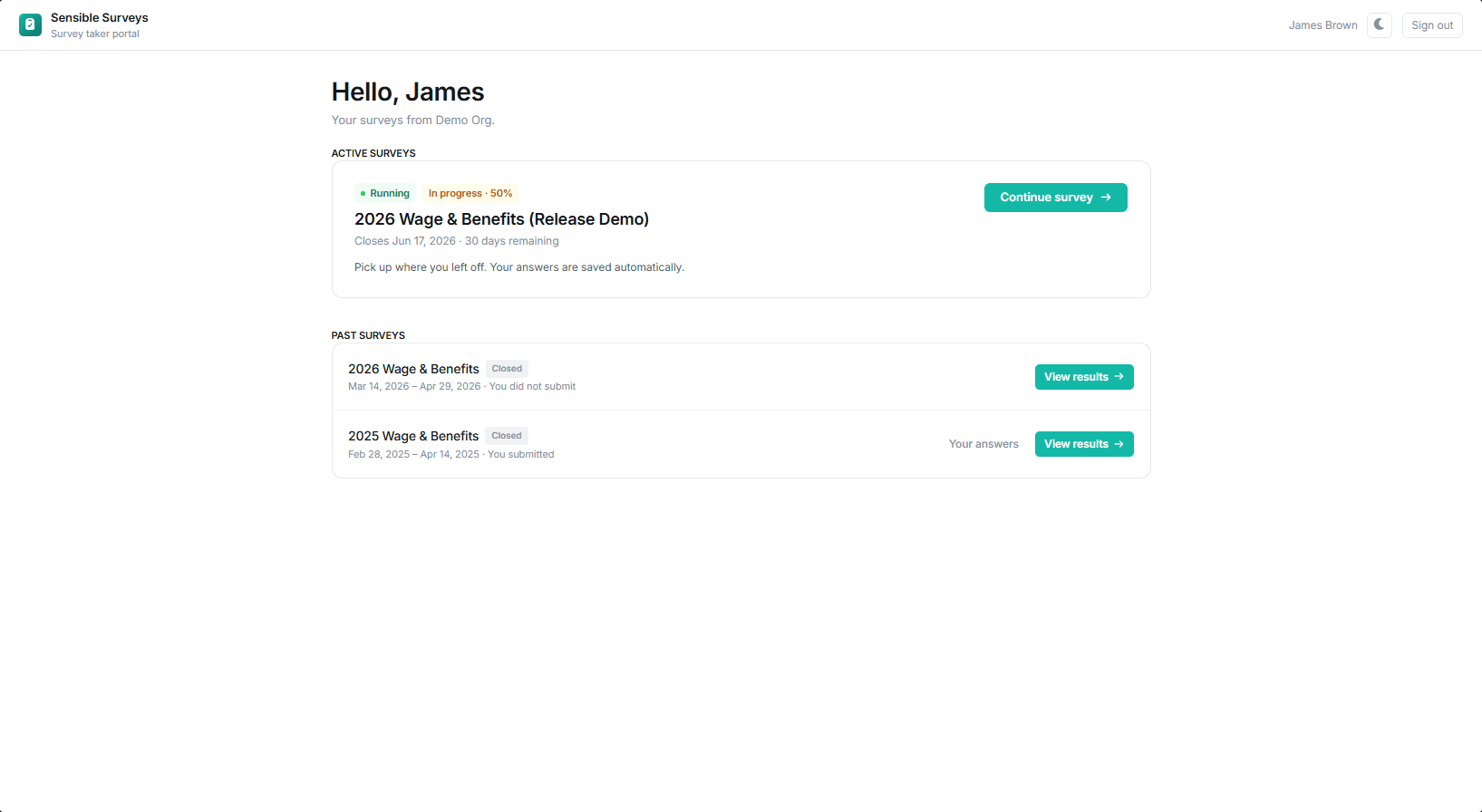 Survey participant portal: a clean dashboard showing active and past surveys with progress indicators