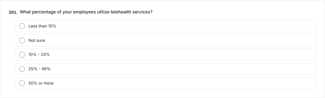 A question asking what percentage of employees use telehealth, answered by selecting a percentage band